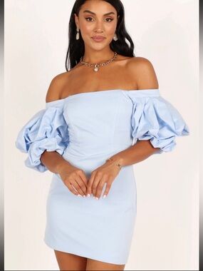 Off-Shoulder Puff Sleeve Mini Dress in Light Blue